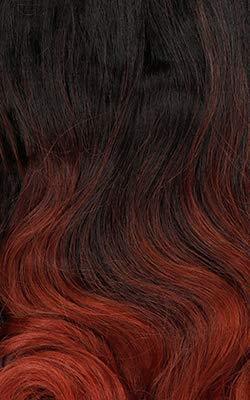 Ombre human hair wig with black to red waves, natural styling texture