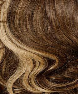 Natural wavy human hair wig with caramel highlights for stylish, realistic look