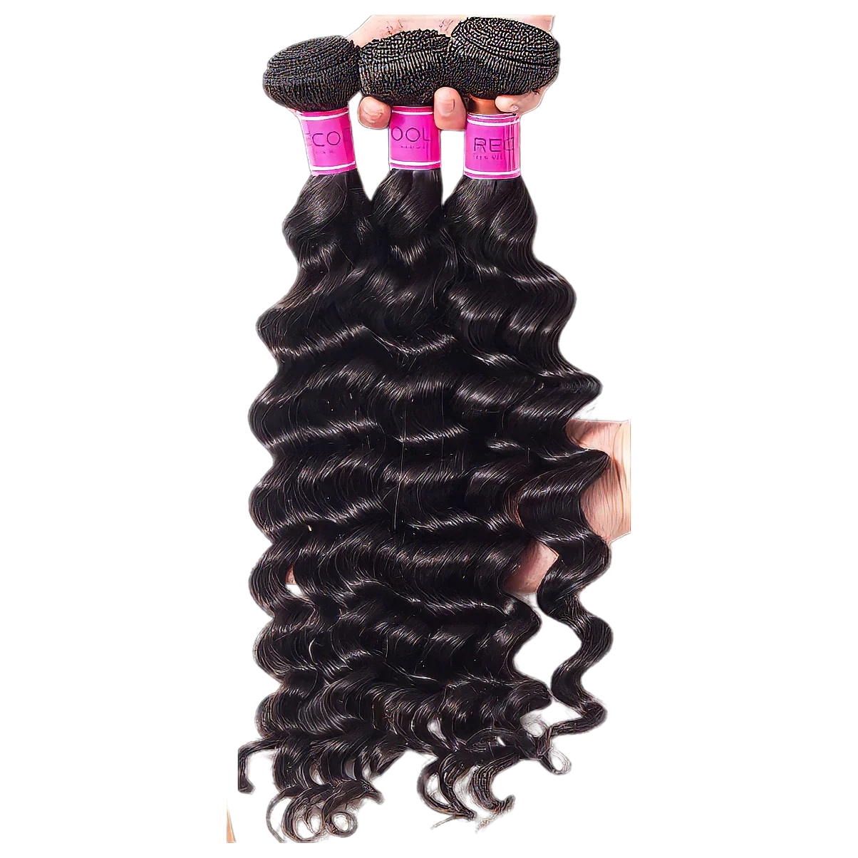Deep wave human hair bundles with pink labels, held for display against white background