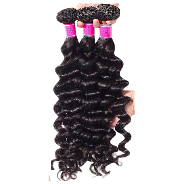 Deep wave human hair bundles with pink labels, held for display against white background