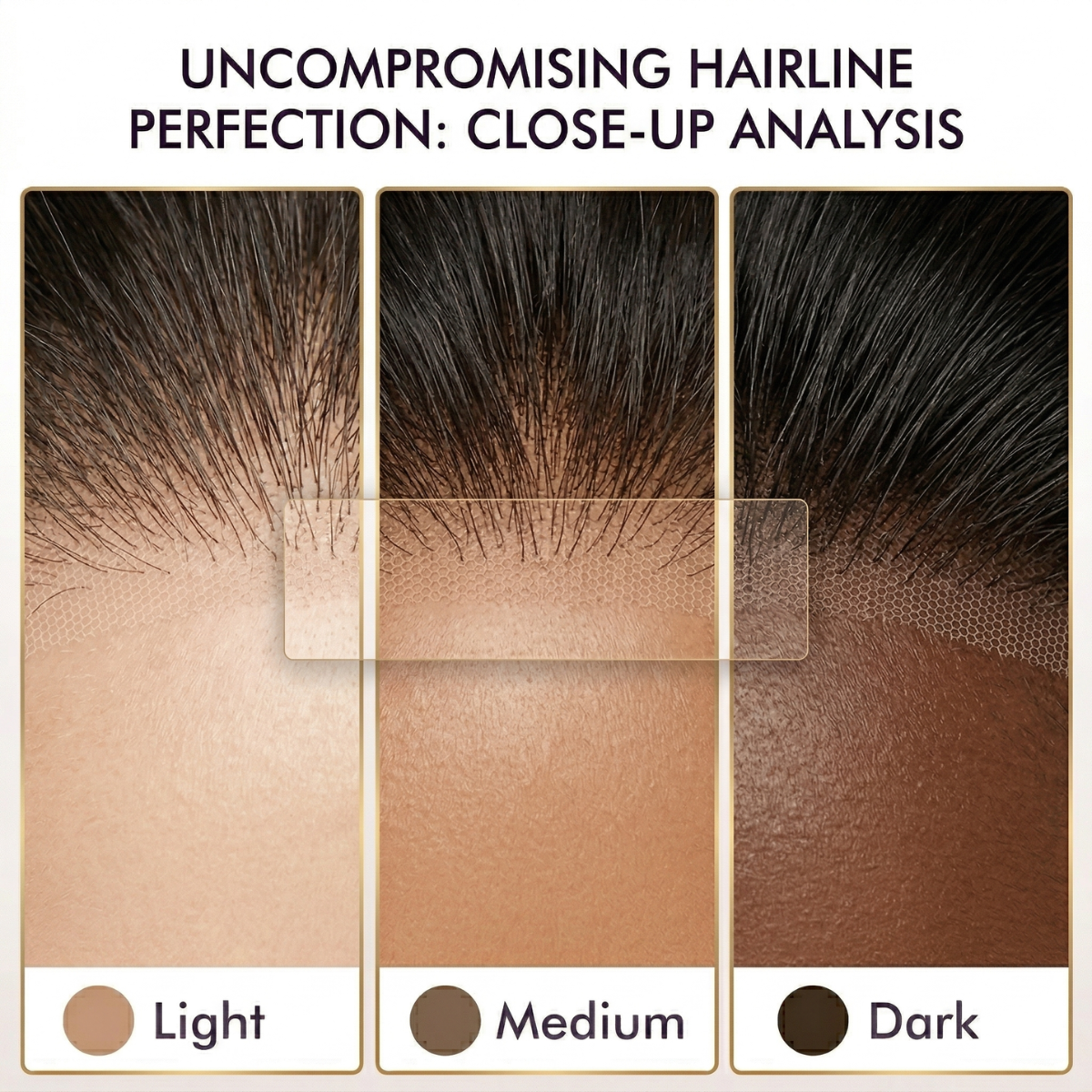 Close-up analysis of hairline color options labeled 'Light', 'Medium', and 'Dark'.