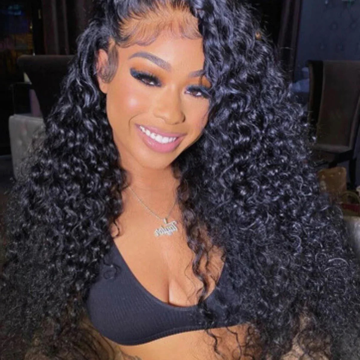 Woman wearing long, voluminous curly human hair wig with natural-looking lace front