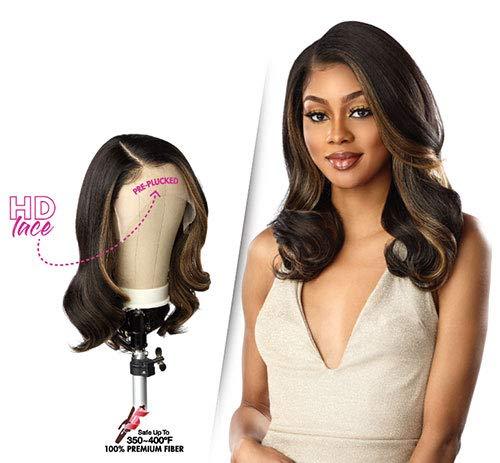 Pre-plucked HD lace wig with natural waves, heat resistant up to 400°F, styled on model