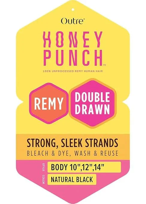 Outre Honey Punch Remy human hair bundles, double drawn, natural black, 10-14 inch lengths, bleach & dye safe
