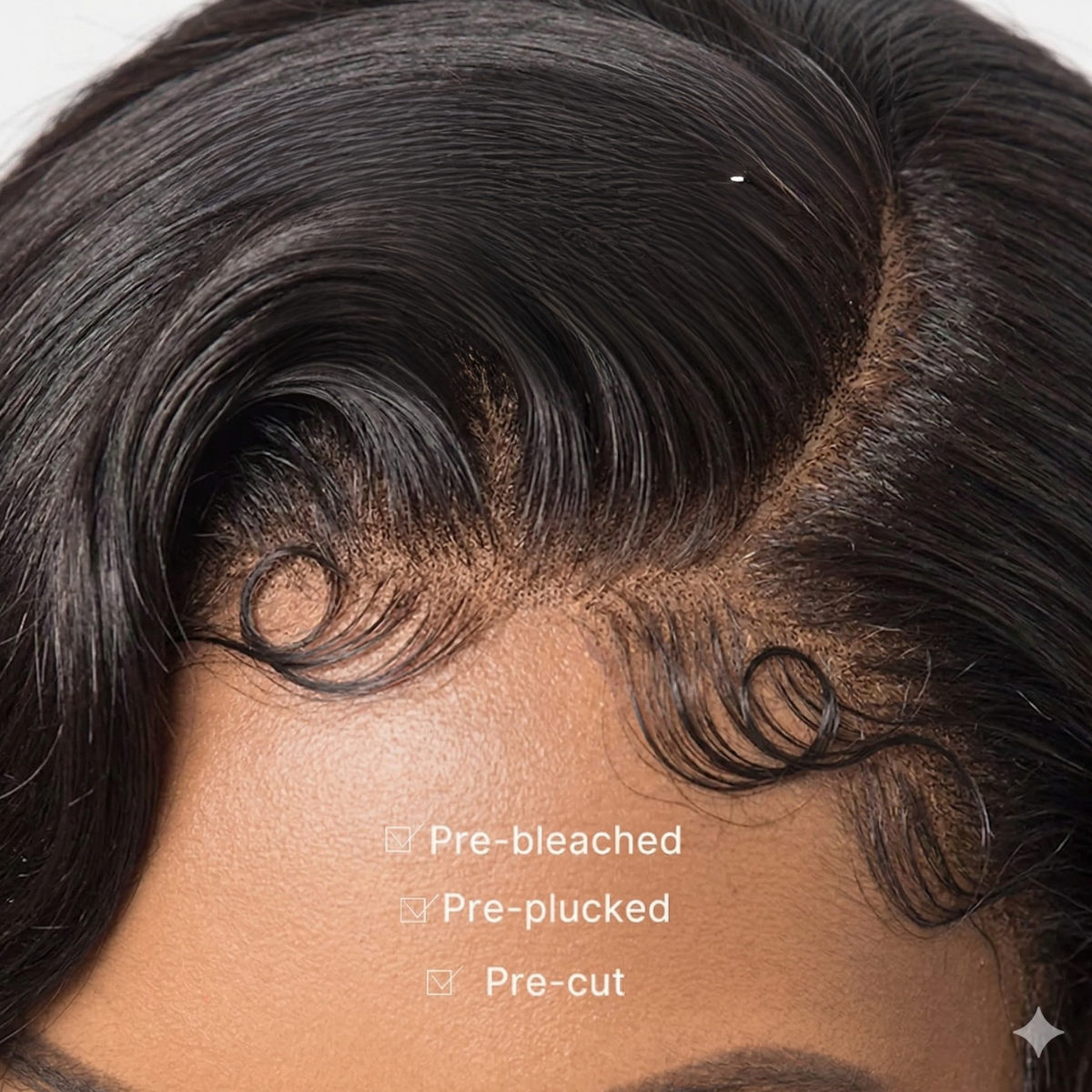 Close-up of a person's head with styled hair, showing pre-bleached, pre-plucked, and pre-cut text.