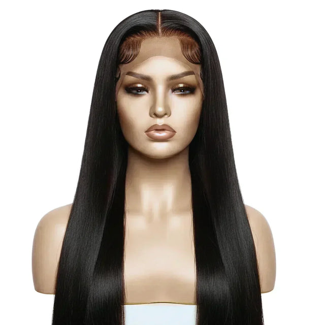 Straight human hair lace front wig with natural part and sleek black strands