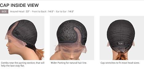 Human hair wig cap with wider parting, stretchable fit, and combs for natural styling