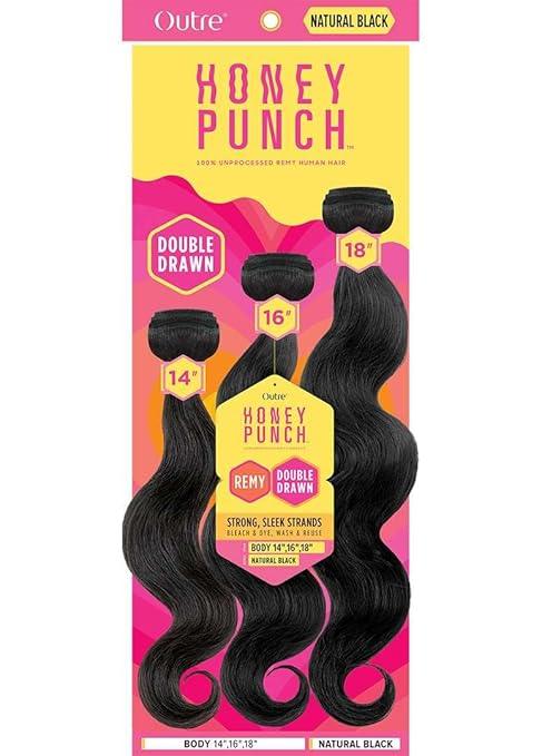 Outre Honey Punch Remy human hair bundles in natural black, 14", 16", 18" body wave, double drawn