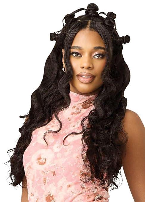 Long wavy human hair wig with top knots, styled for natural volume and texture