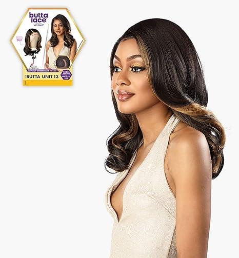 Butta Lace human hair wig with natural waves and ombre highlights, styled on model