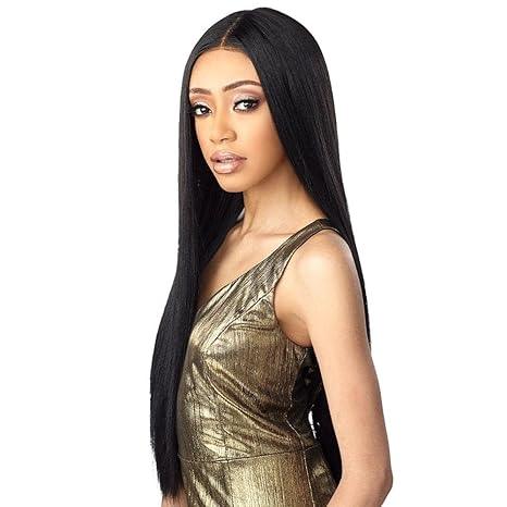 Long straight human hair wig with natural lace front, sleek black style for elegant everyday wear