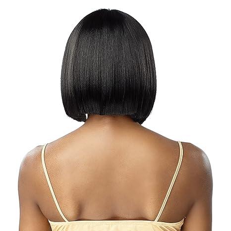 Black human hair bob wig with sleek straight cut, shown from back view for natural styling