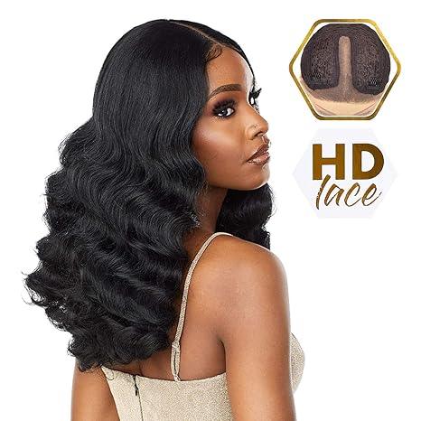 Black human hair wig with HD lace front, natural body waves, and seamless scalp detail for realistic styling