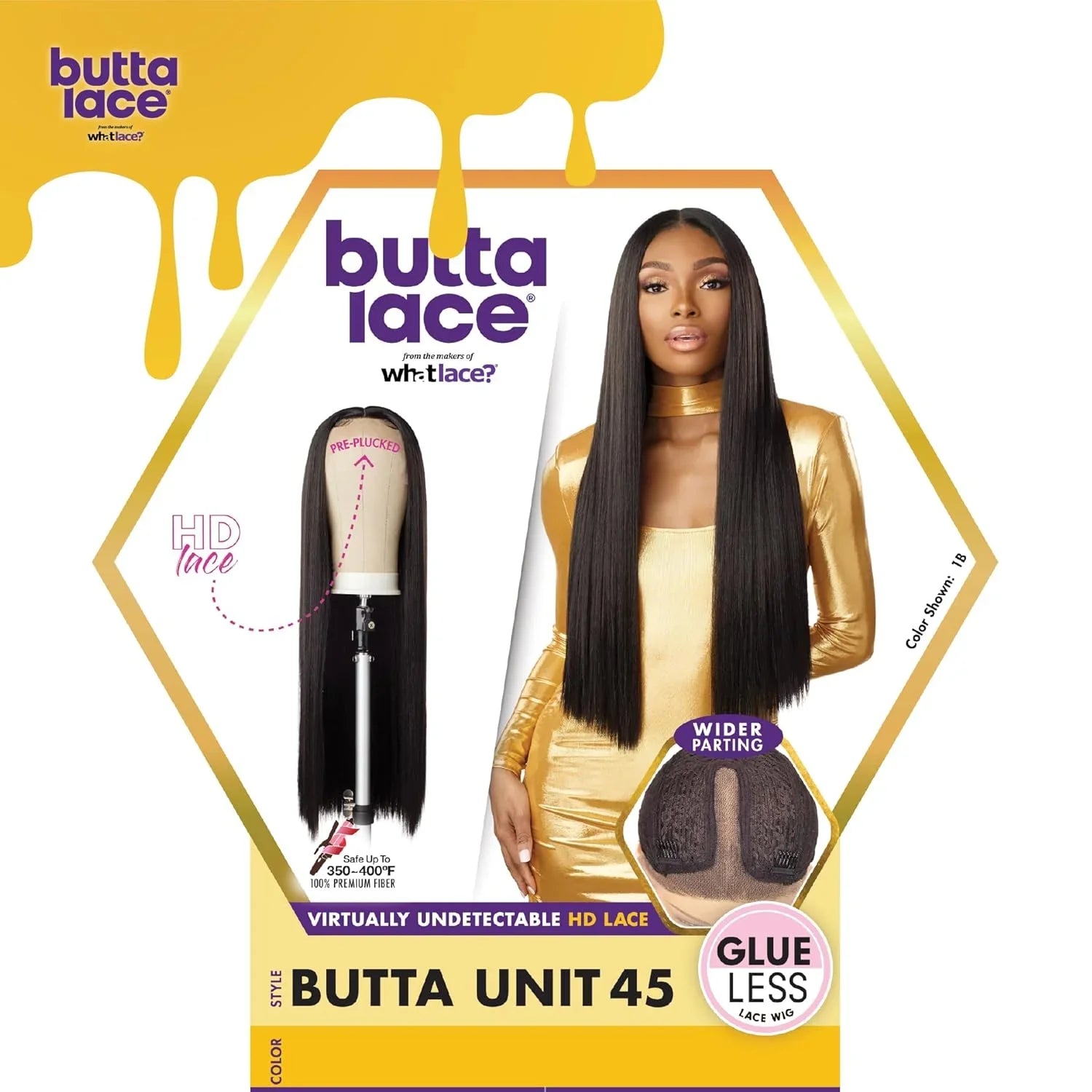 Butta Lace Unit 45 glueless HD lace wig with wider parting, pre-plucked, 100% premium fiber, color 1B