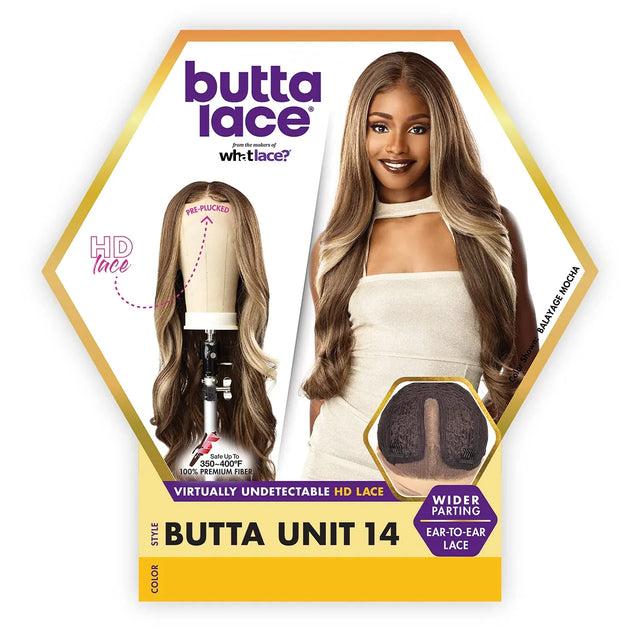 Butta Lace HD Lace Wig Unit 14 in Balayage Mocha, pre-plucked with ear-to-ear lace for natural styling