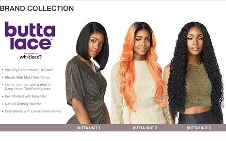 Three models showcasing Butta Lace human hair wigs with natural density and HD lace fronts in various styles