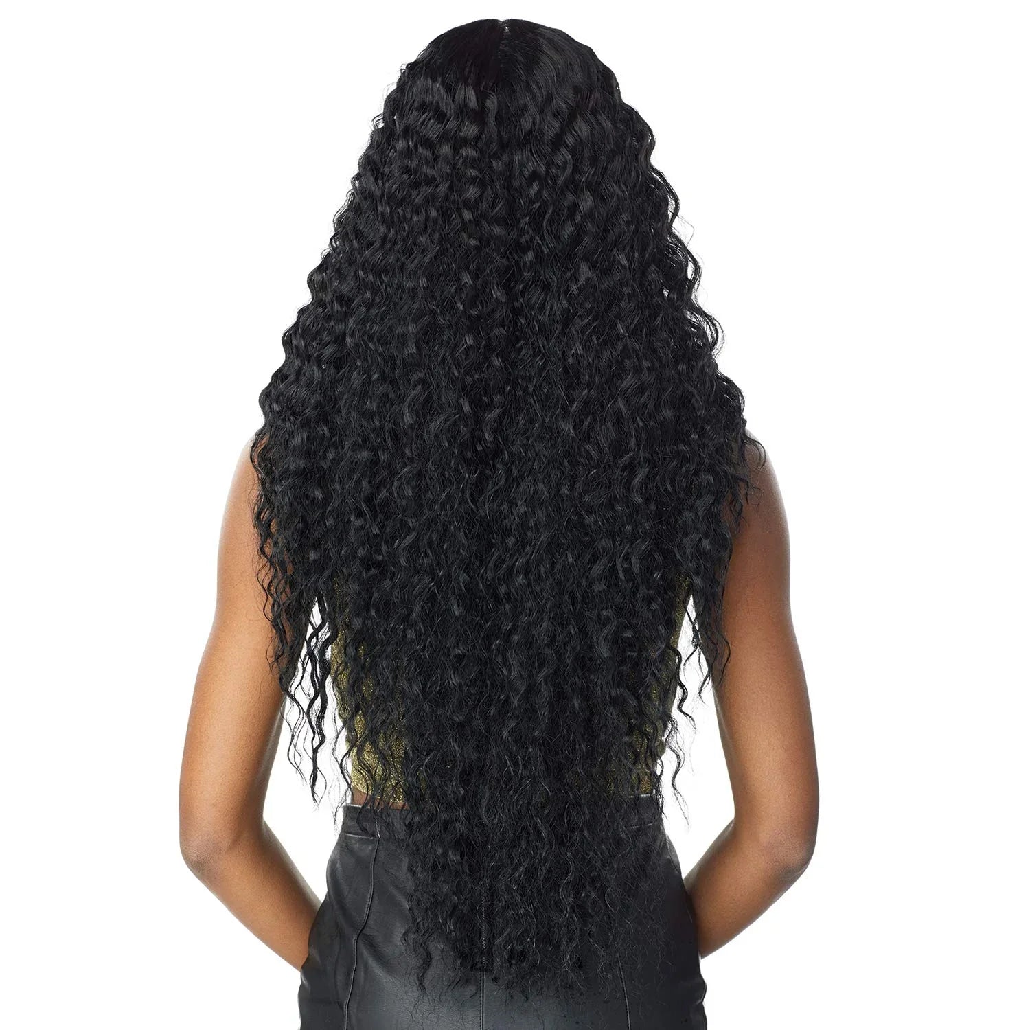 Long black curly human hair wig with natural volume and deep waves, styled for everyday wear
