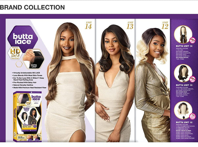 Butta Lace human hair wigs with HD lace, natural density, and pre-plucked baby hair in multiple styles and colors