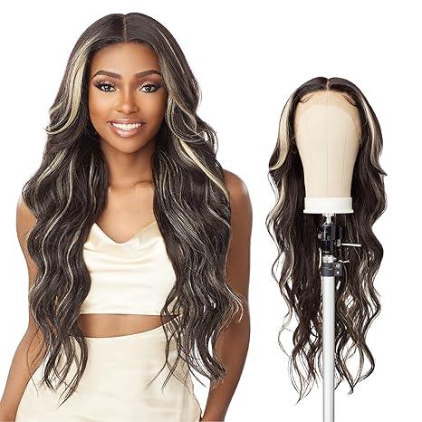 Long wavy human hair wig with blonde highlights, styled on model and mannequin head for natural look