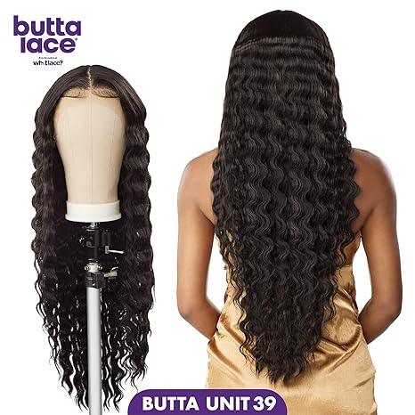 Butta Lace human hair wig with deep waves, shown on mannequin and model, Unit 39 style