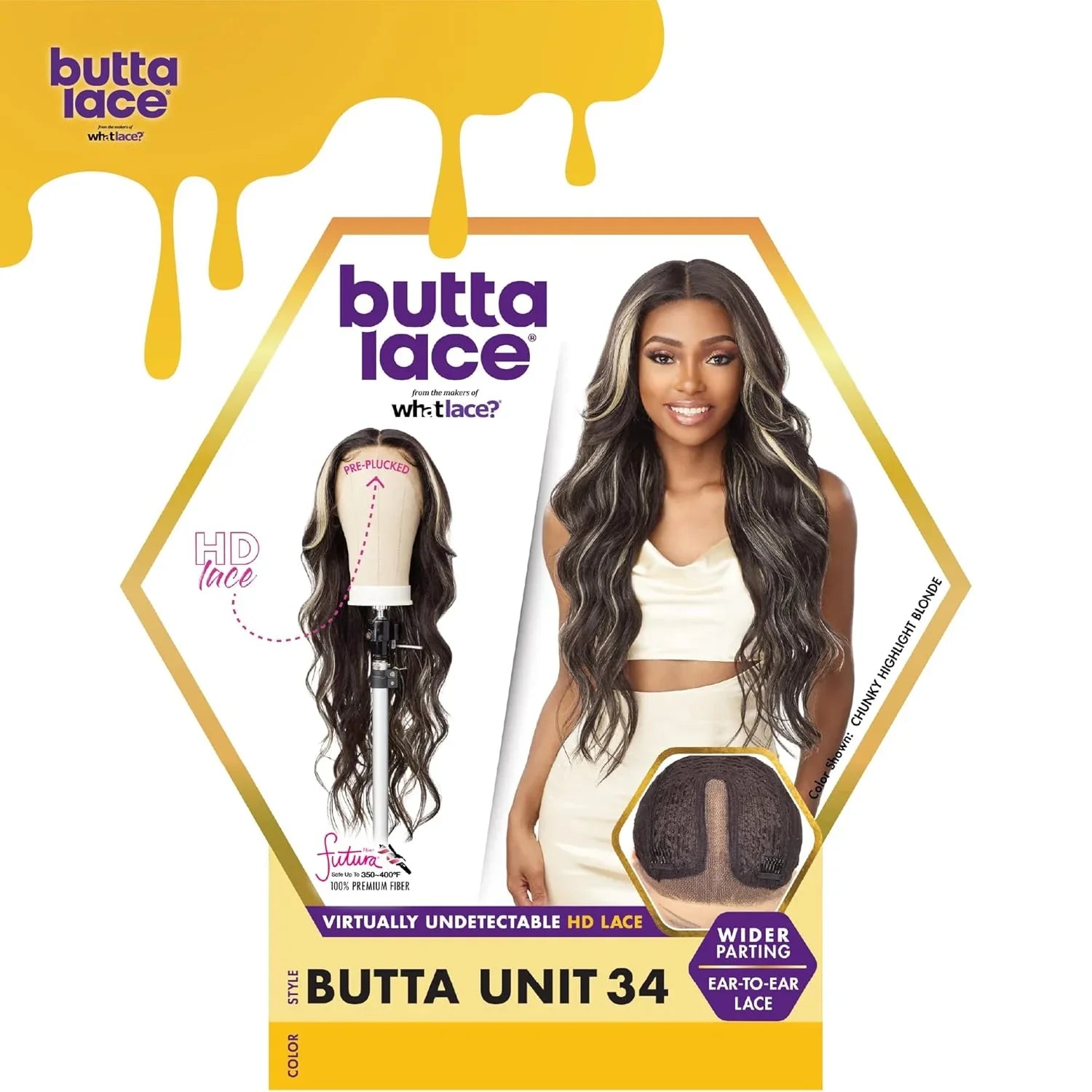 Butta Lace Unit 34 wig with HD lace, chunky highlight blonde waves, pre-plucked for natural look