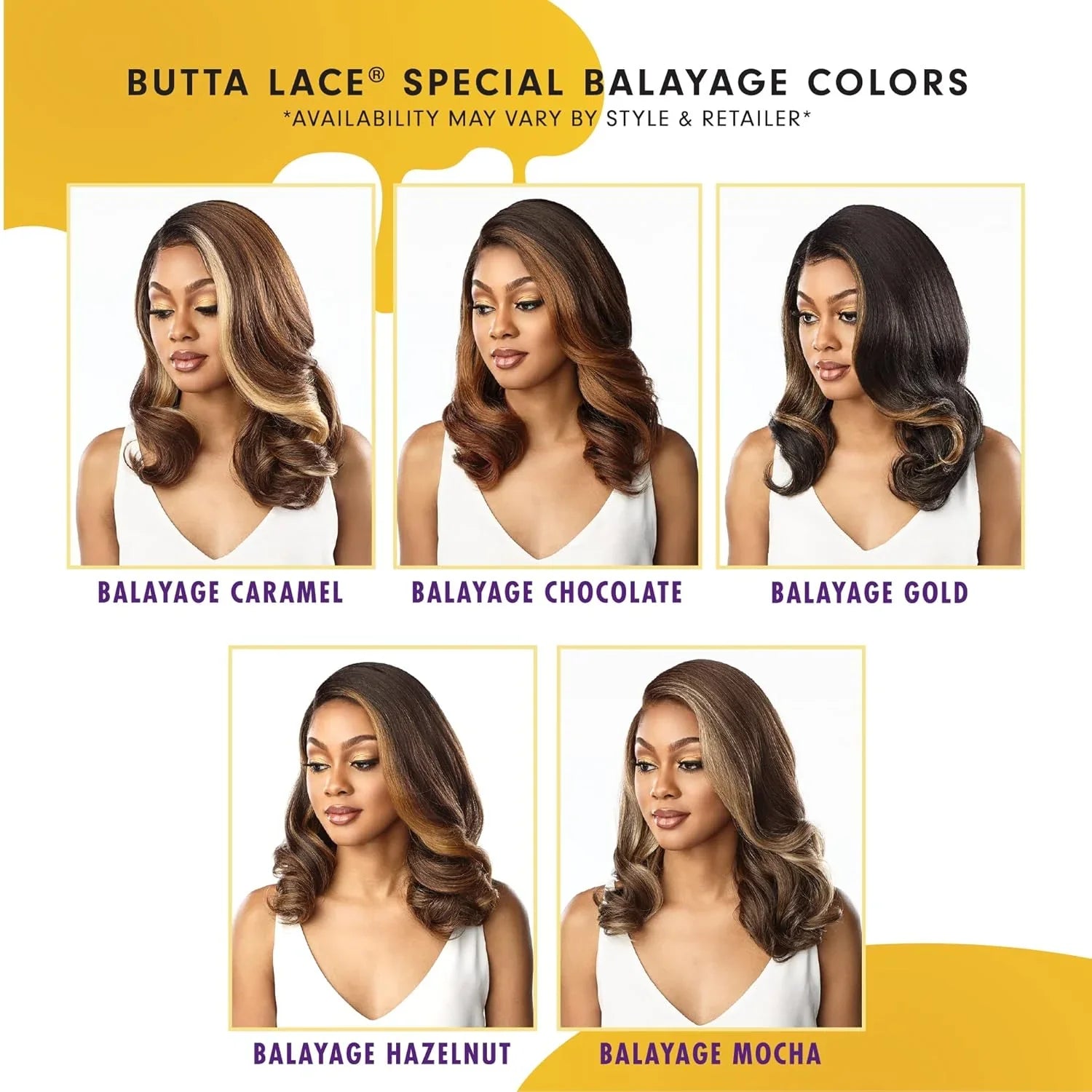Butta Lace balayage wigs in caramel, chocolate, gold, hazelnut, and mocha shades for natural-looking hair color