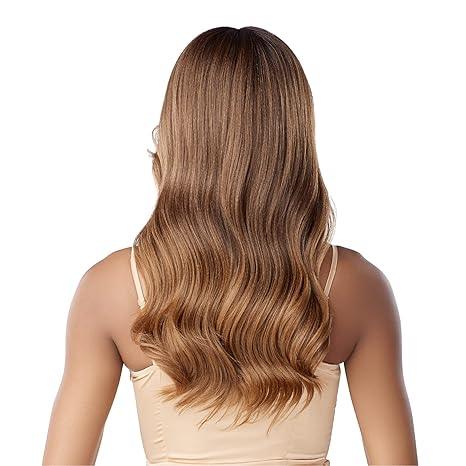 Long wavy human hair wig with ombre highlights, natural-looking style for everyday wear