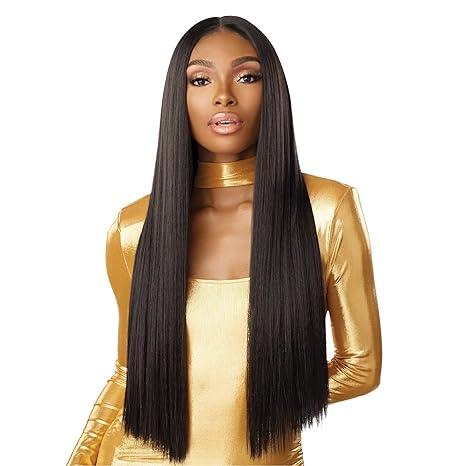 Long straight human hair wig with sleek black strands, styled on model in gold outfit