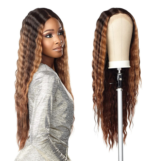 Long wavy human hair wig with ombre highlights, shown on model and mannequin head