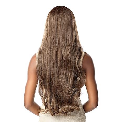 Long wavy human hair wig with natural ombre highlights, perfect for effortless styling and volume.