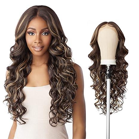 Long curly human hair wig with highlights, styled on model and mannequin head for natural look