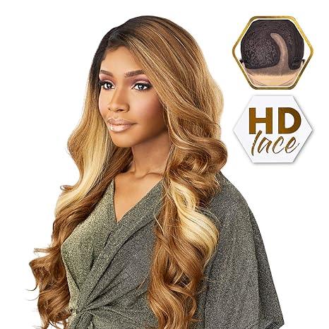 Woman wearing HD lace human hair wig with ombre waves, showcasing natural-looking frontal