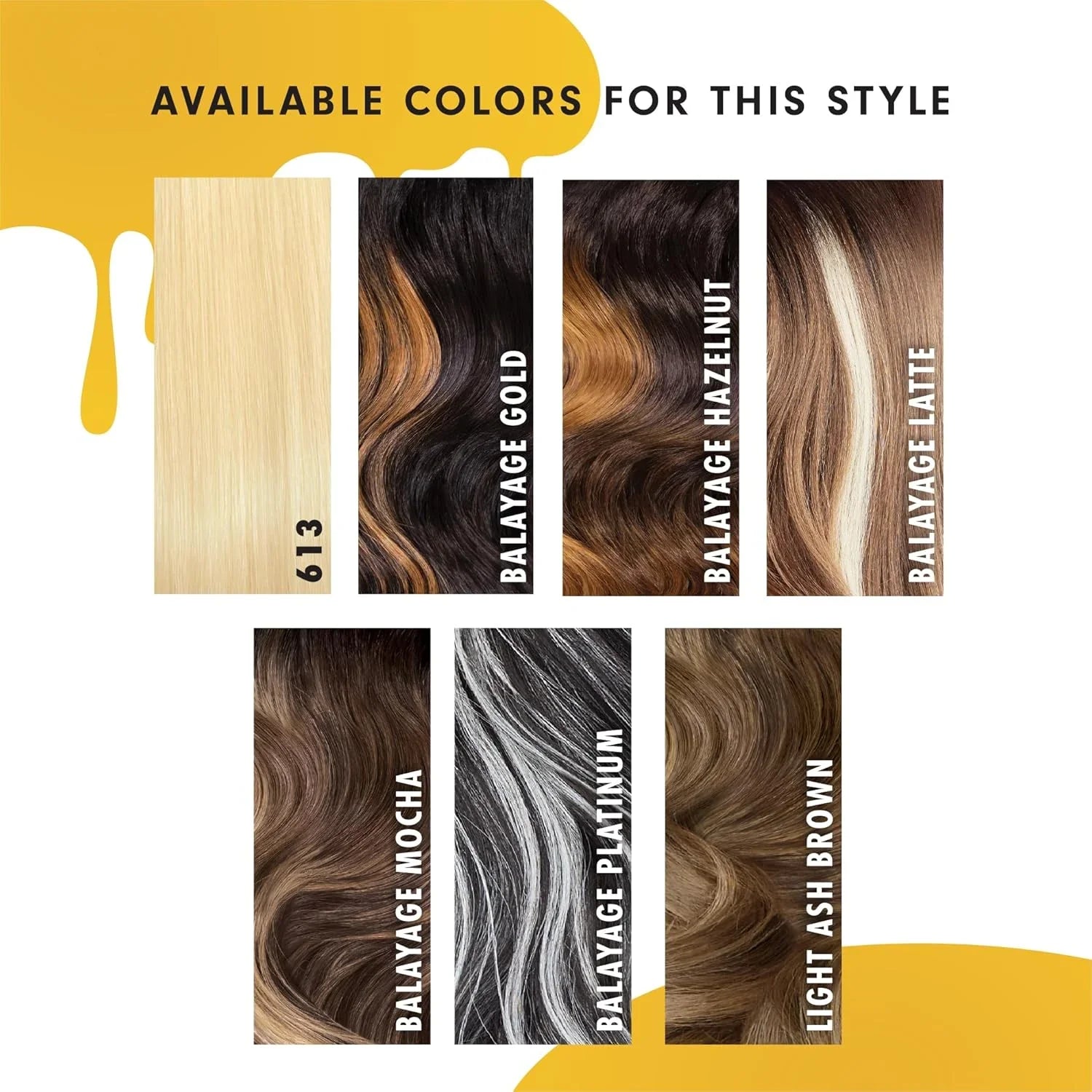 Available balayage hair colors for this style: gold, hazelnut, latte, mocha, platinum, light ash brown