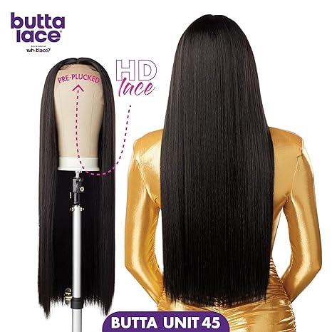 HD lace front wig with pre-plucked hairline, long straight black human hair, Butta Unit 45 style