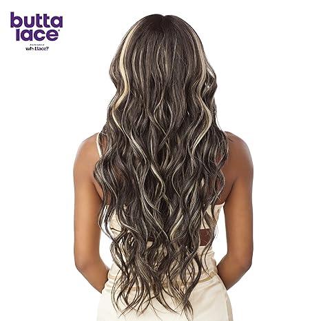 Butta Lace human hair wig with natural waves and blonde highlights, styled for volume and movement