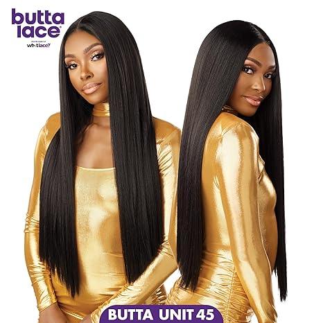 Butta Lace Unit 45 human hair wig, sleek straight black style, gold outfit, front and side views