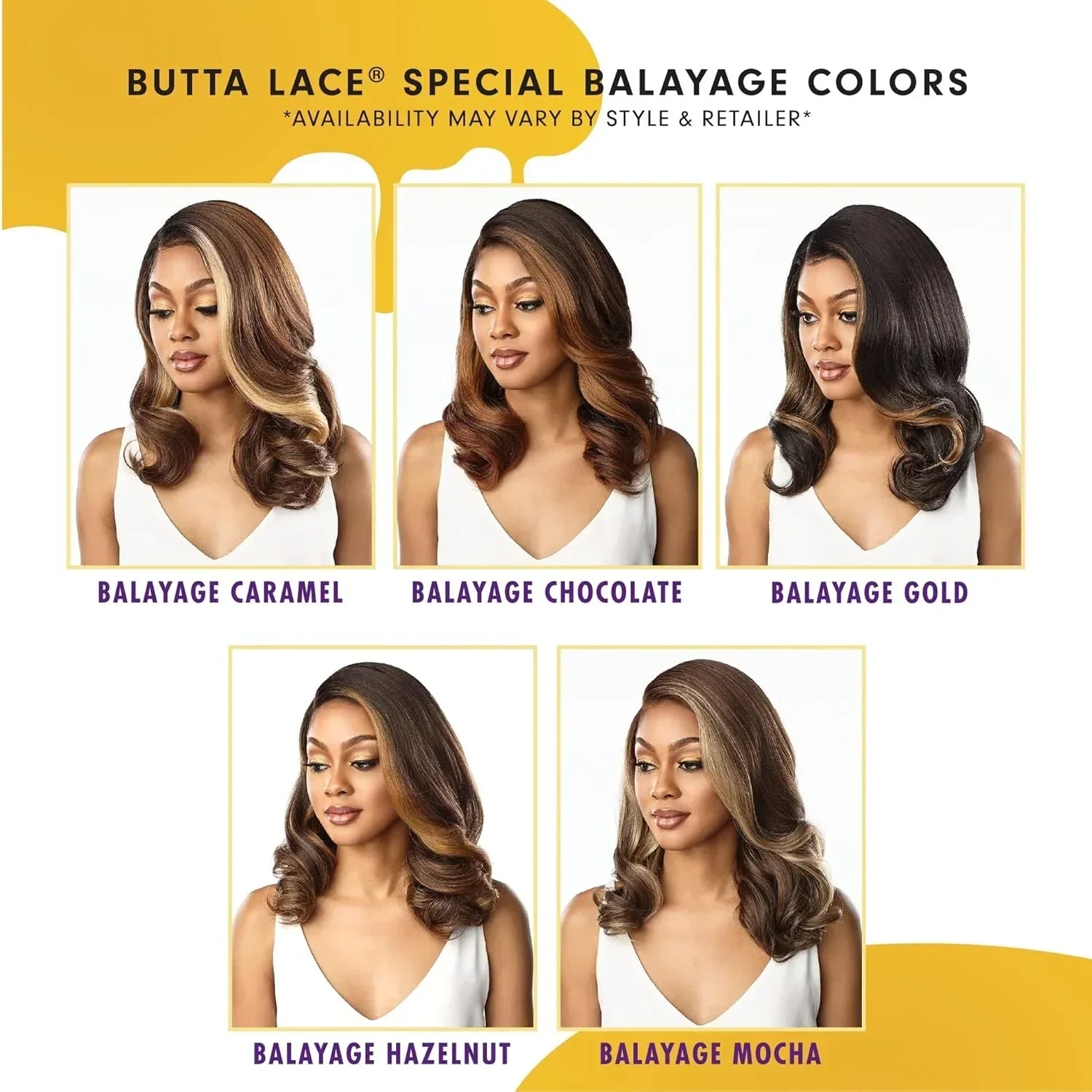 Butta Lace special balayage hair colors: caramel, chocolate, gold, hazelnut, mocha for natural styling