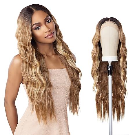 Ombre human hair wig with body waves, shown on model and mannequin head for natural styling