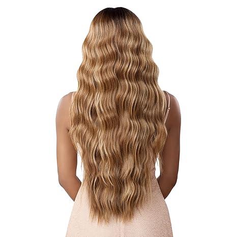 Long wavy human hair wig with ombre blonde highlights, natural styling for everyday beauty
