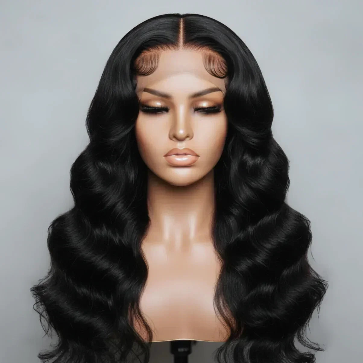 Black body wave human hair wig with lace front on mannequin head