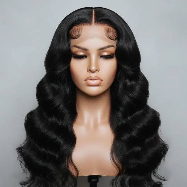 Black body wave human hair wig with lace front on mannequin head
