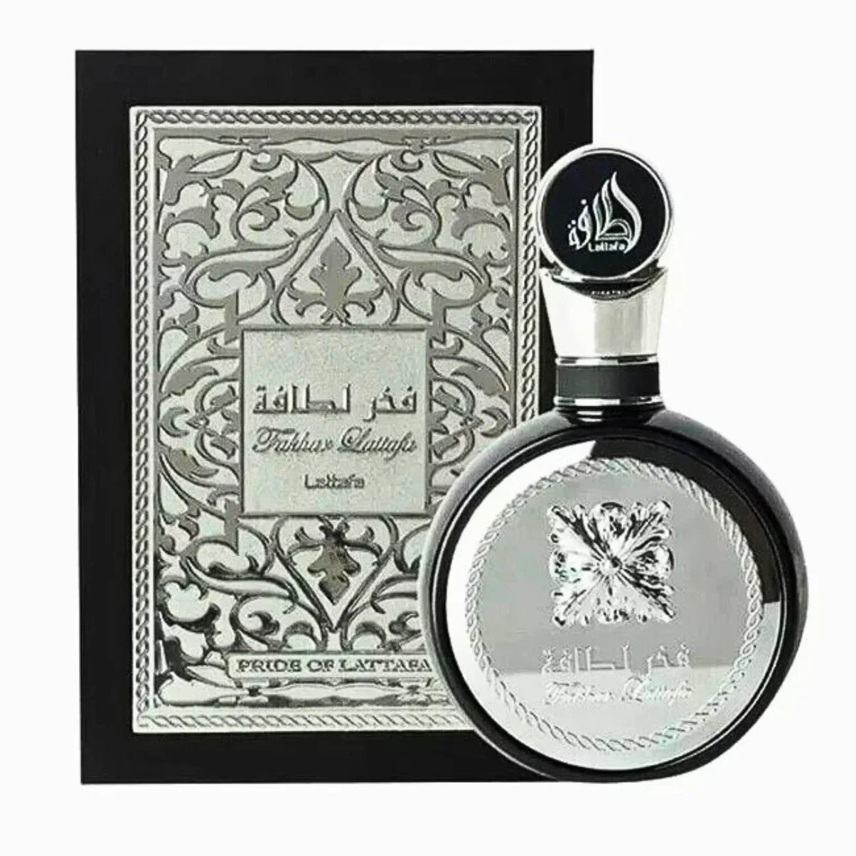 Luxury black perfume bottle with silver floral design, Arabic text, and ornate gift box packaging