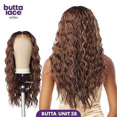 Butta Lace human hair wig with deep waves, unit 38, shown on mannequin and model back view