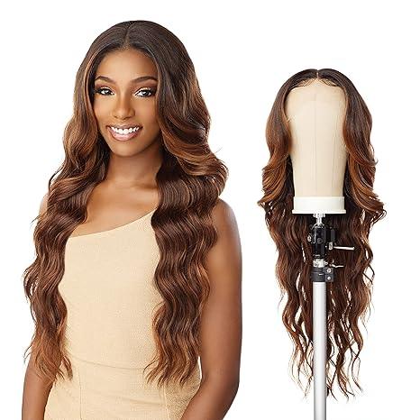 Long wavy human hair wig with natural ombre, styled on model and mannequin head for versatile beauty looks