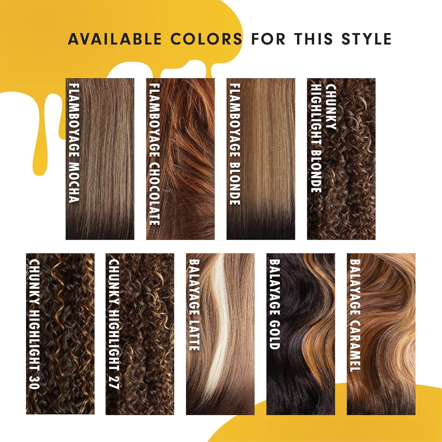 Available human hair wig colors: Flamboyage, Chunky Highlight, Balayage styles in mocha, chocolate, blonde, caramel