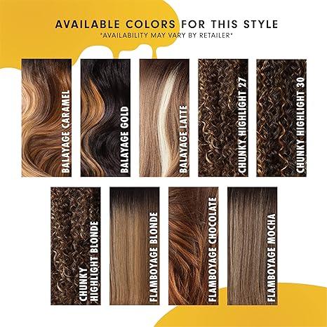 Human hair wig color swatches: balayage caramel, gold, latte, chunky highlights, flamboyage blonde & chocolate