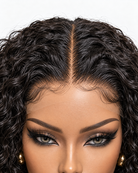 A close-up of black curly wig with a center part and realistic baby hairline, A woman taking a selfie outdoors wearing Bohemian Natural 15A Grade HD Lace Frontal 13x4 Wig 180 Density.