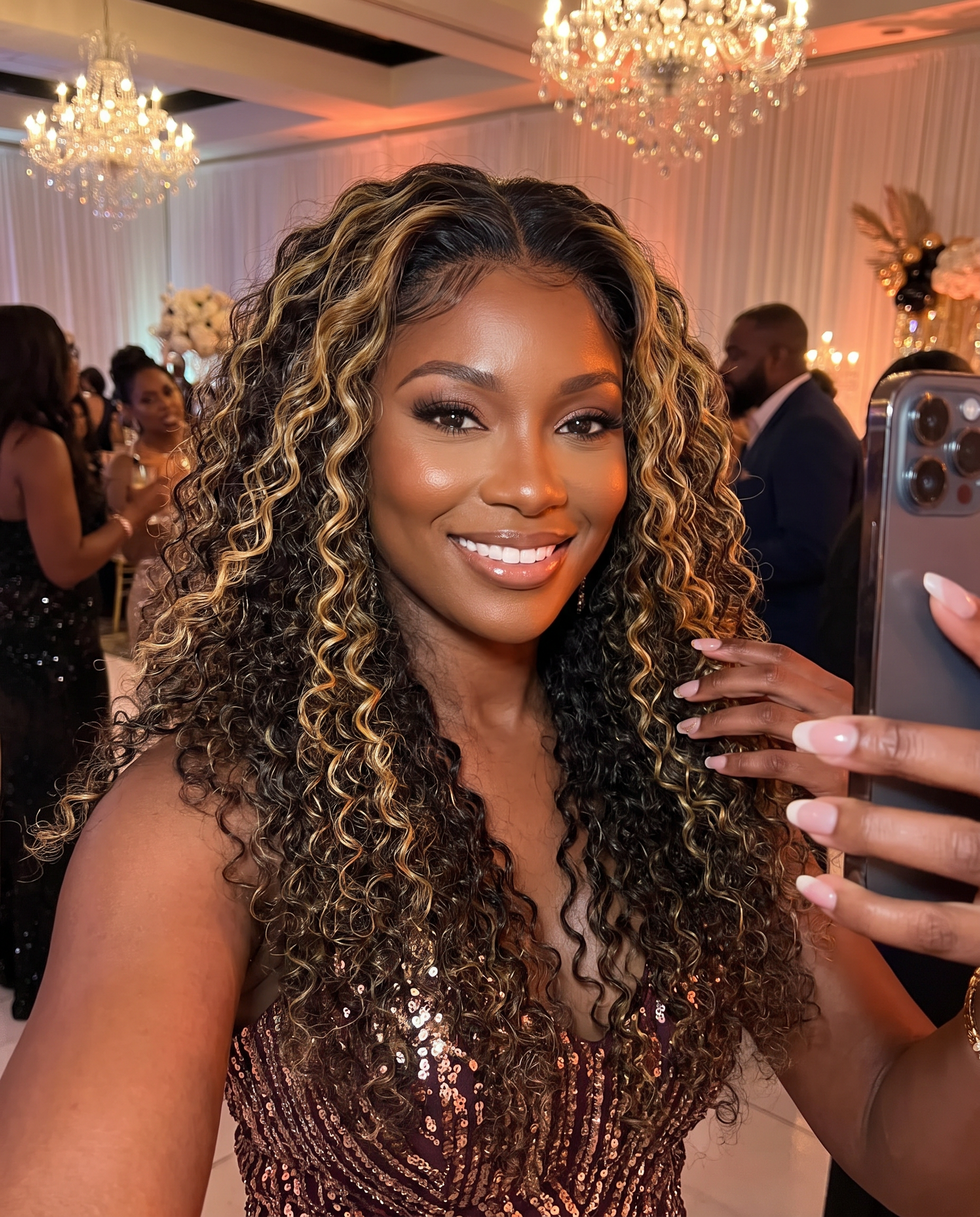 A woman taking a selfie in a formal event hall, showcasing a long, wavy, curly wig with dark brown and golden blonde highlights. She is wearing Bohemian 15A Transparent 13x4 Full Frontal 180 Density Natural Black & Blonde 27