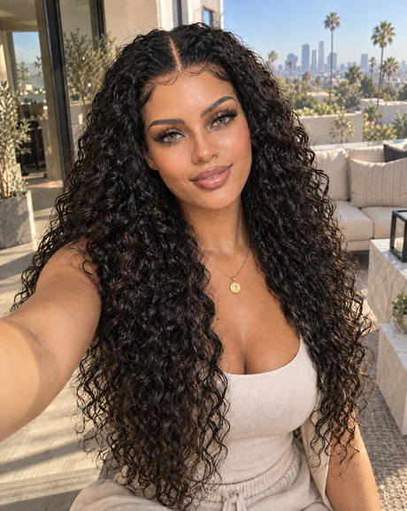 A woman taking a selfie outdoors wearing Bohemian Natural 15A Grade HD Lace Frontal 13x4 Wig 180 Density