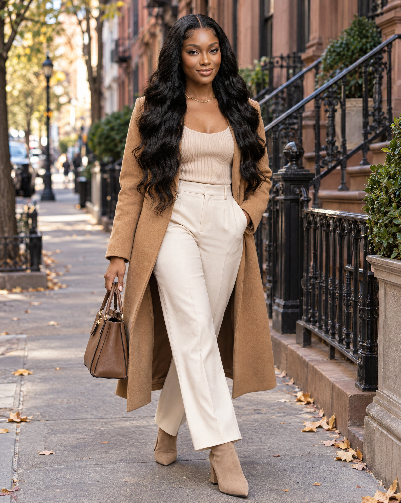 A woman walking on a city sidewalk wearing Body Wave Natural 15A Grade HD Lace Frontal 13x4 Wig 180 Density